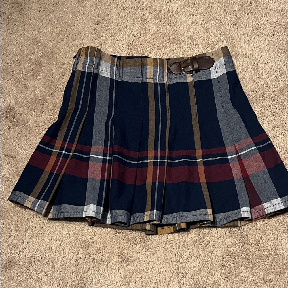 Hope & Henry Girls Navy Plaid Pleated  Skirt with Belt Accent Adjustable